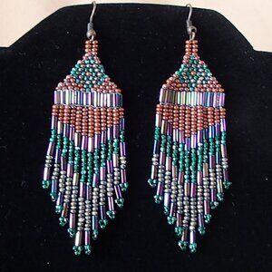 Lovely Seed Bead Dangling Sweeper Earrings Handcrafted Native American Preowned